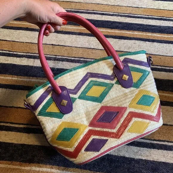 Vintage Geometric Handbag Purse 80s Colorful‎ Multicolor Resort Vacation Woven - Picture 6 of 9